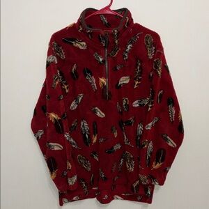 Tsunami Indigenous Red Feather Print Fleece Quarter Zip Pullover Size L
